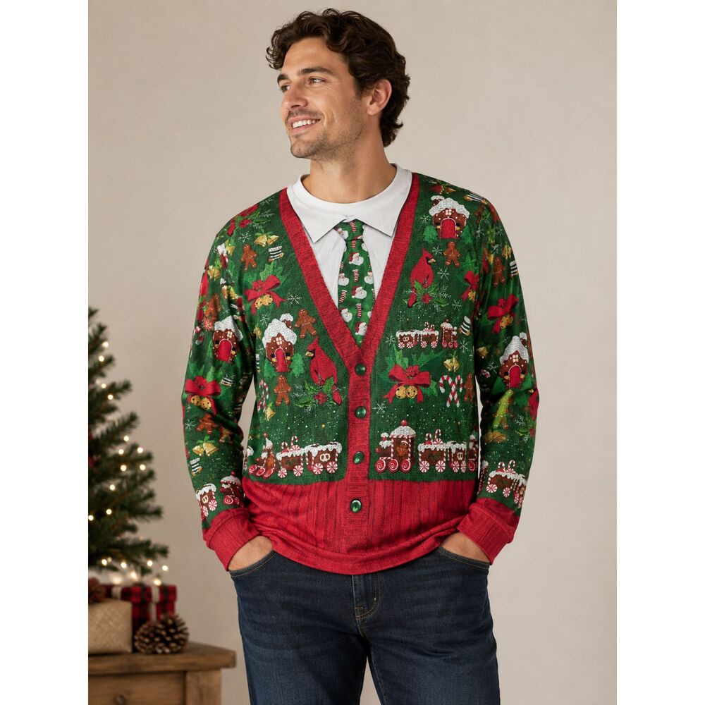 Faux Real XXL Ugly Christmas Sweater Shirt Gingerbread Cardigan Tie Novelty